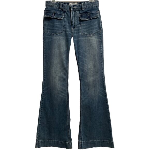 Free People 27 Jeans Flare Bell Bottom Flap Pocket Sailor Denim Missing Button - Picture 1 of 10